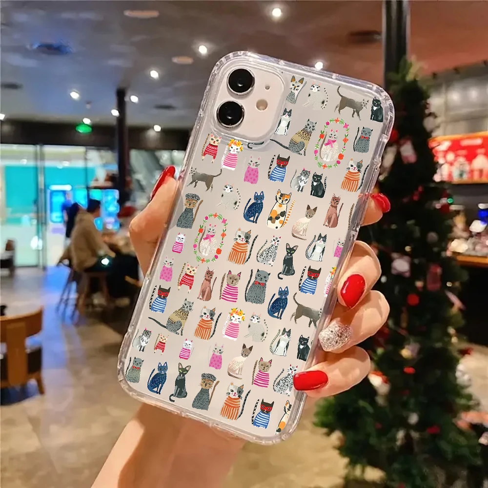 Cute Collage Cartoon Cat Phone Case For iPhone 17 16 15 14 13 12 11 Pro Max Air 15 Plus XS X XR Transparent Silicone Soft Cover