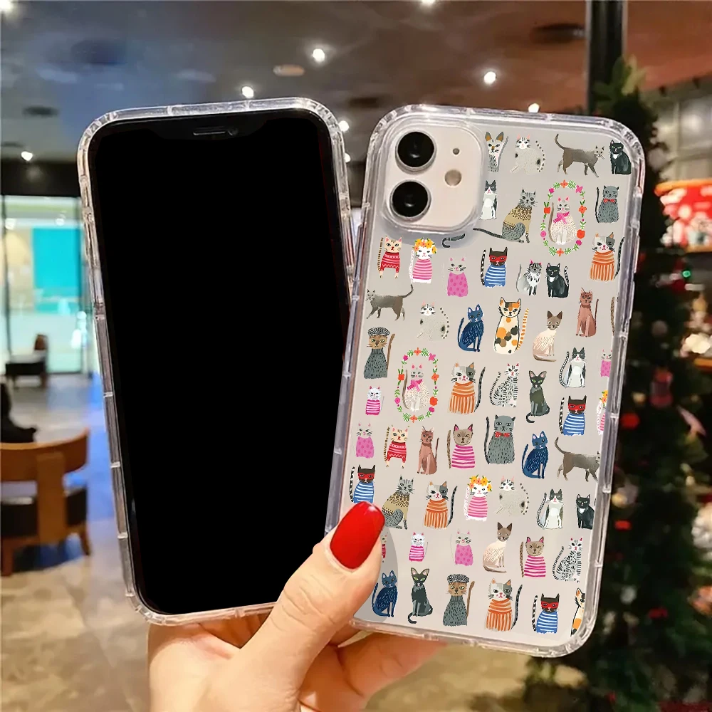 Cute Collage Cartoon Cat Phone Case For iPhone 17 16 15 14 13 12 11 Pro Max Air 15 Plus XS X XR Transparent Silicone Soft Cover