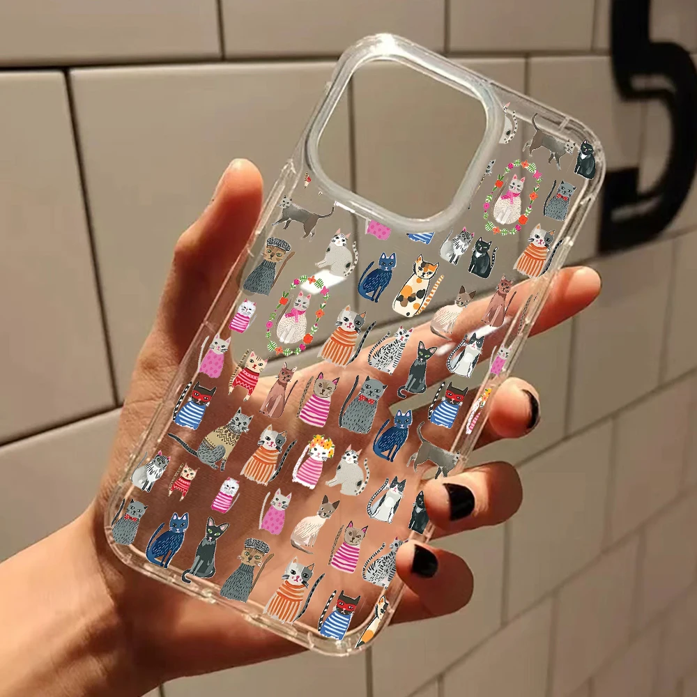 Cute Collage Cartoon Cat Phone Case For iPhone 17 16 15 14 13 12 11 Pro Max Air 15 Plus XS X XR Transparent Silicone Soft Cover
