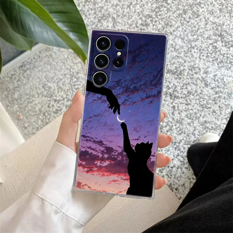 Funny Cute Cat Line Art Clear Case For Samsung Galaxy S26 S25 S24 S23 Ultra S20 S21 FE S22 Plus S26 Ultra S25FE Soft Phone Cover