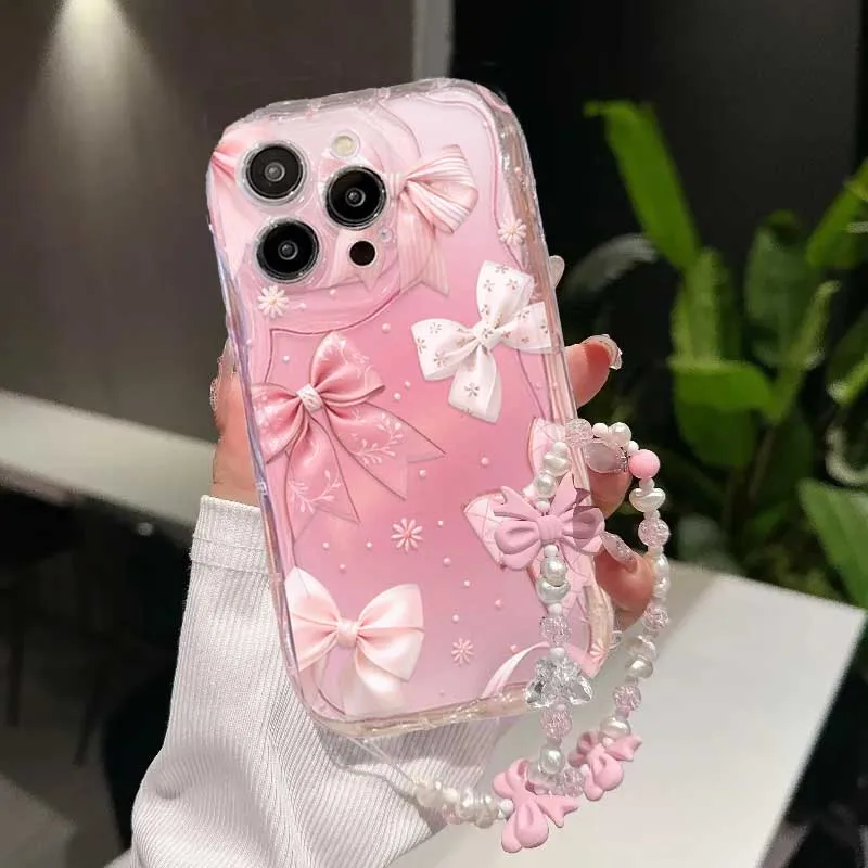 Pink Bow Pattern Chain Case For Redmi Note 14 4G Pro 5G Plus 15 15C 14C 13C 4G 12C 12 13 A3 10C Wave Side Cover