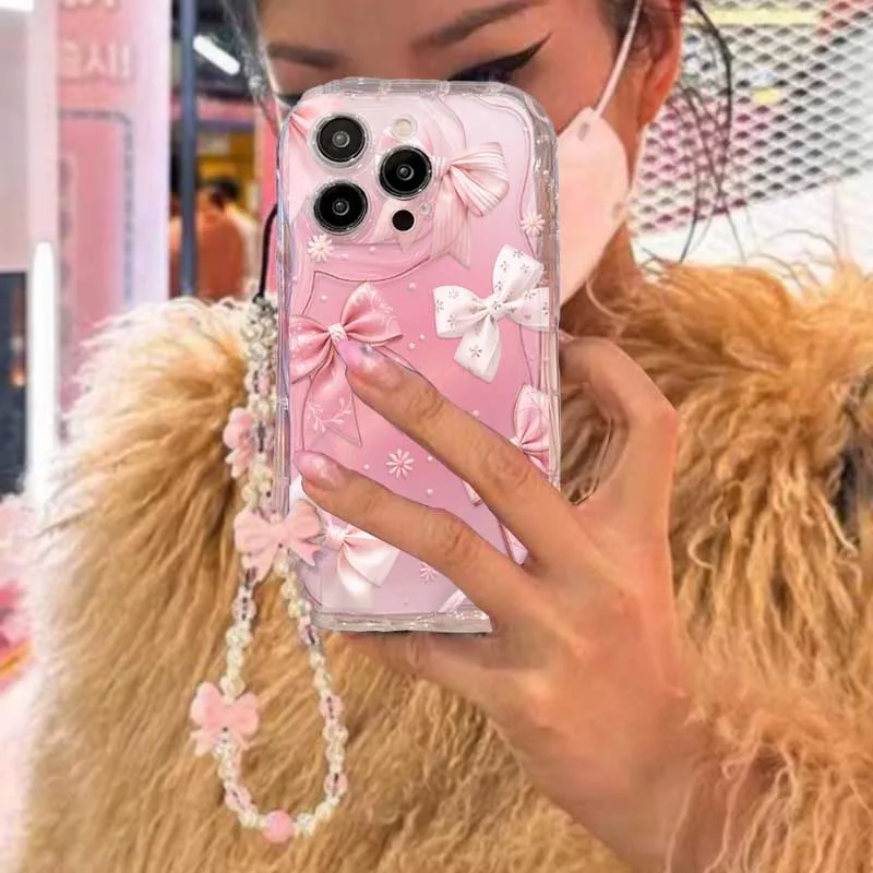 Pink Bow Pattern Chain Case For Redmi Note 14 4G Pro 5G Plus 15 15C 14C 13C 4G 12C 12 13 A3 10C Wave Side Cover