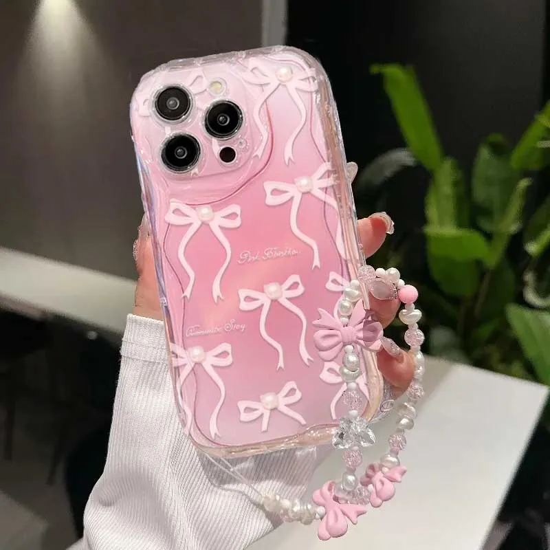 Pink Bow Pattern Chain Case For Redmi Note 14 4G Pro 5G Plus 15 15C 14C 13C 4G 12C 12 13 A3 10C Wave Side Cover