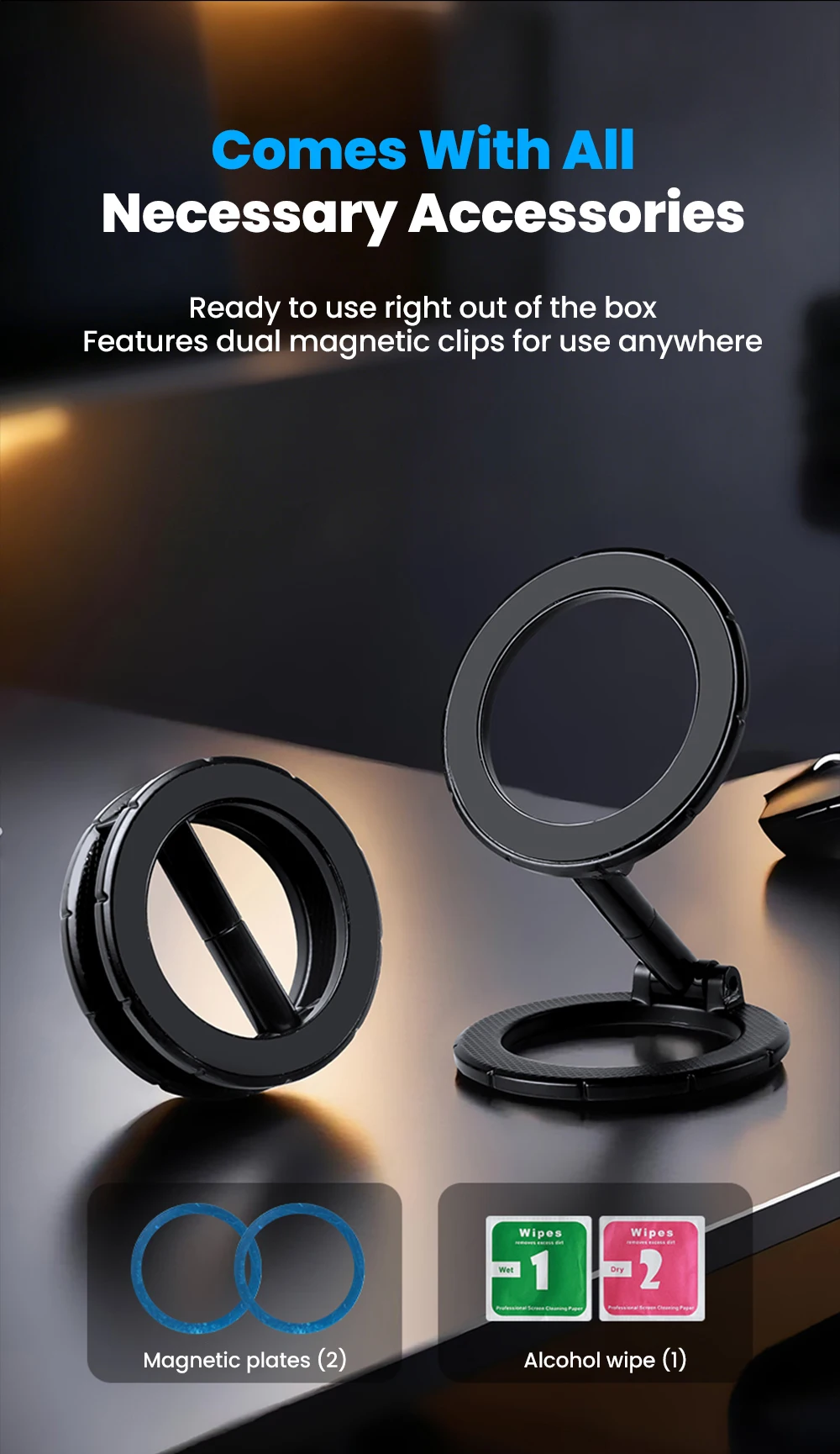 Foldable Double Sided Magnetic Ring Phone Holder Multi-Functional Phone Mount 360° Rotation Desk Holder Home Use Wall-Mounted