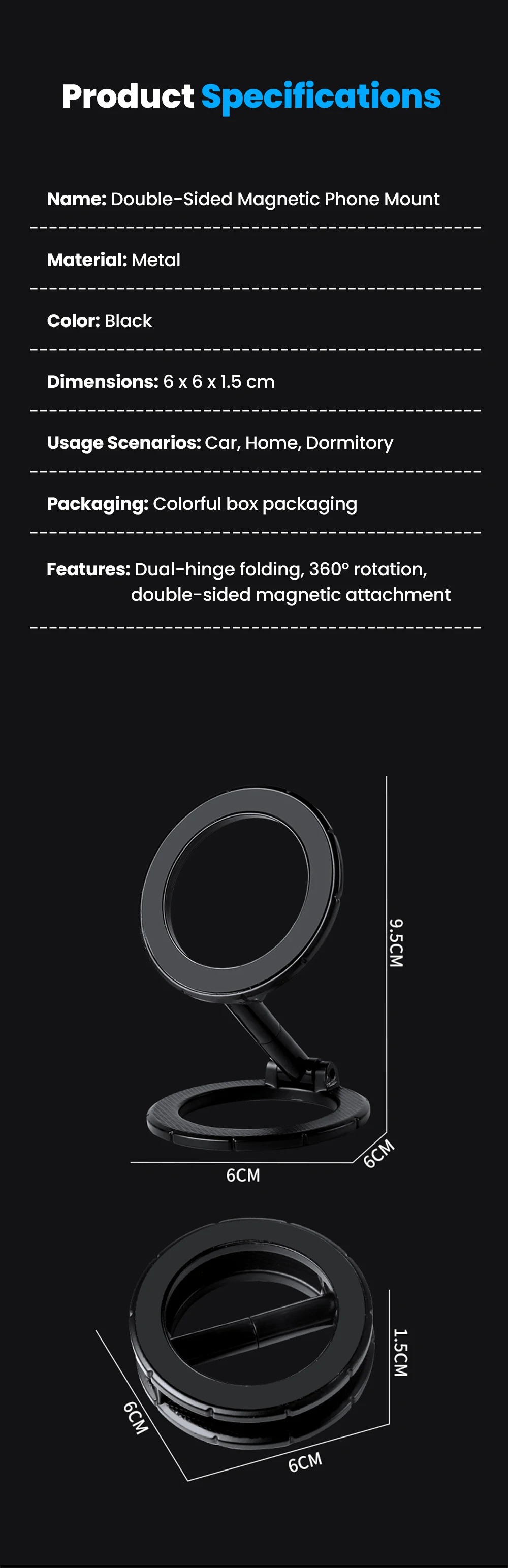 Foldable Double Sided Magnetic Ring Phone Holder Multi-Functional Phone Mount 360° Rotation Desk Holder Home Use Wall-Mounted