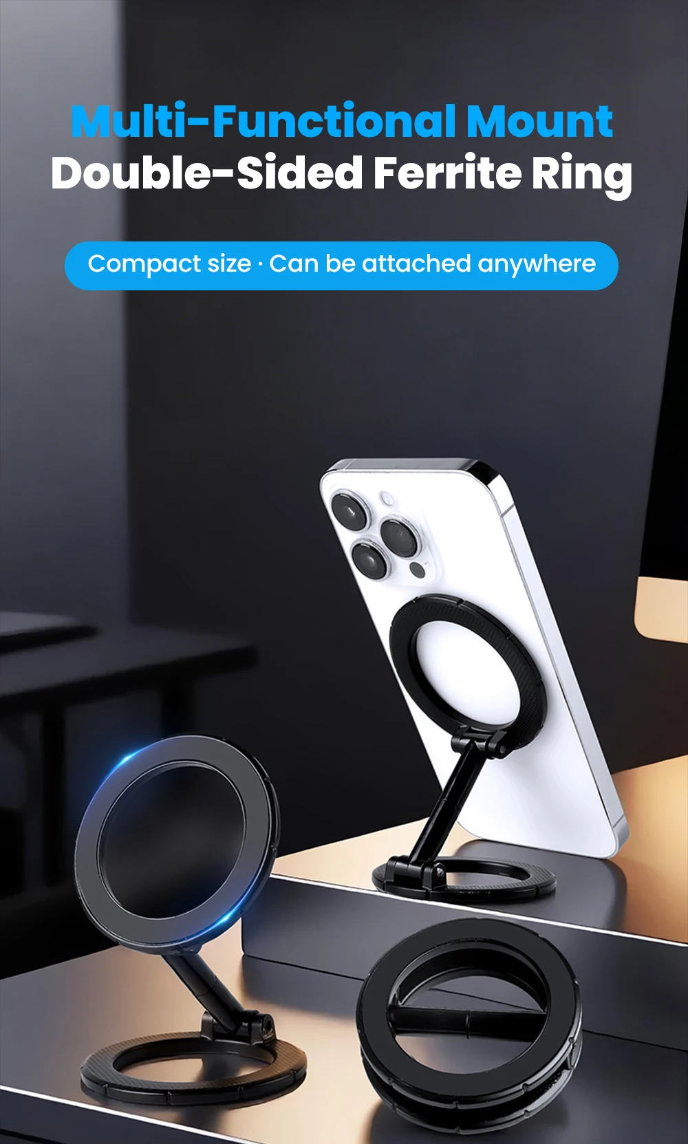 Foldable Double Sided Magnetic Ring Phone Holder Multi-Functional Phone Mount 360° Rotation Desk Holder Home Use Wall-Mounted