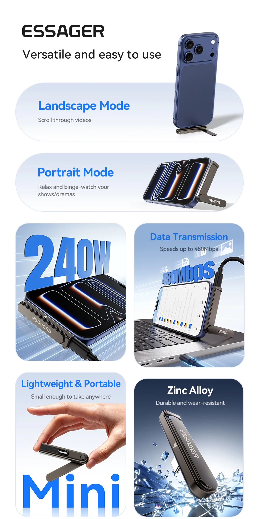 Essager 240W 2-in-1 Fast Charging OTG Adapter with Foldable Stand Type-C Male to Type-C Female Converter For iPhone 17 16 15 Pro