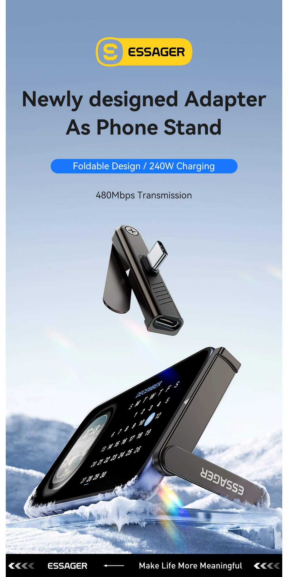 Essager 240W 2-in-1 Fast Charging OTG Adapter with Foldable Stand Type-C Male to Type-C Female Converter For iPhone 17 16 15 Pro