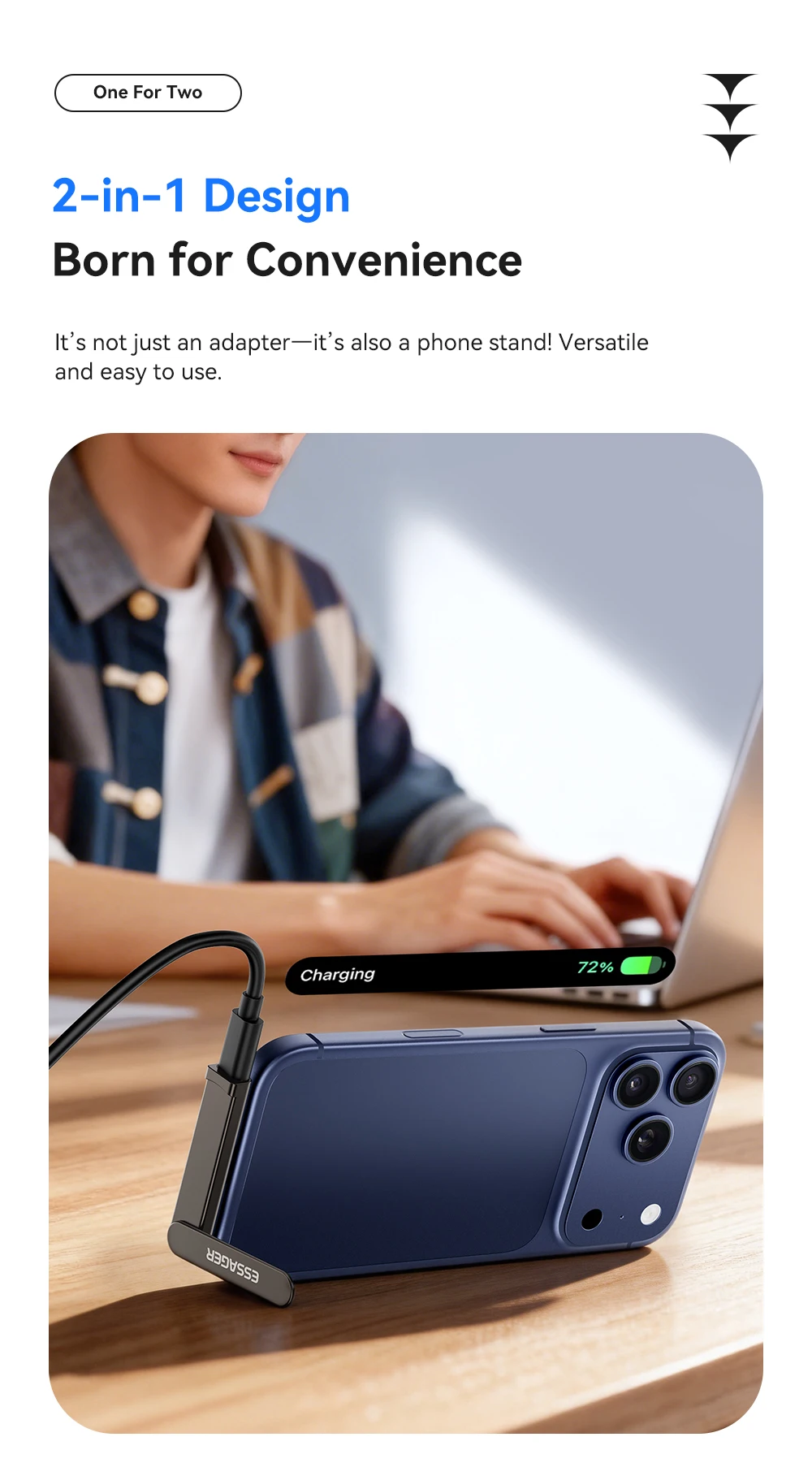 Essager 240W 2-in-1 Fast Charging OTG Adapter with Foldable Stand Type-C Male to Type-C Female Converter For iPhone 17 16 15 Pro
