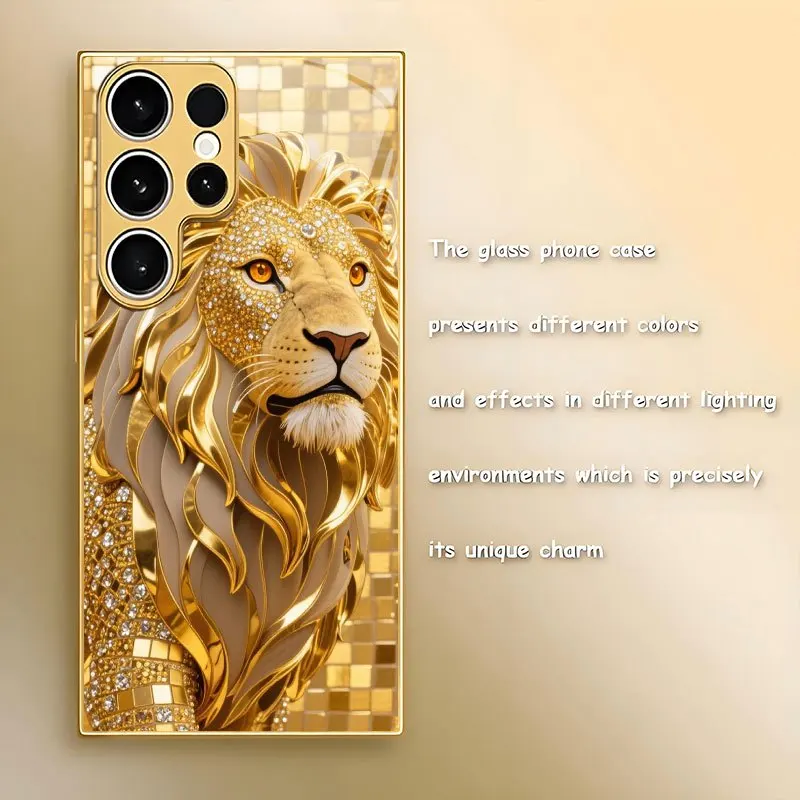 Golden Lion Pattern Electroplated Glass Phone Case Suitable for Samsung Galaxy S26 S25 S24 S23 S22 S21 S20 FE/Ultra/Plus Anti Fa