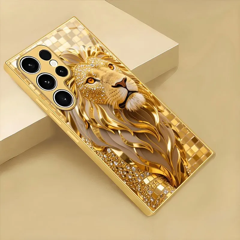 Golden Lion Pattern Electroplated Glass Phone Case Suitable for Samsung Galaxy S26 S25 S24 S23 S22 S21 S20 FE/Ultra/Plus Anti Fa