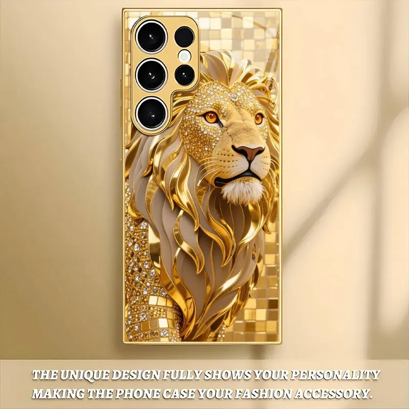 Golden Lion Pattern Electroplated Glass Phone Case Suitable for Samsung Galaxy S26 S25 S24 S23 S22 S21 S20 FE/Ultra/Plus Anti Fa