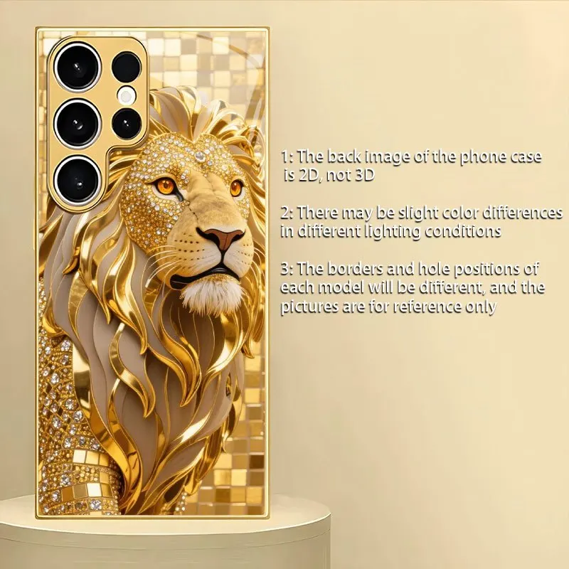 Golden Lion Pattern Electroplated Glass Phone Case Suitable for Samsung Galaxy S26 S25 S24 S23 S22 S21 S20 FE/Ultra/Plus Anti Fa