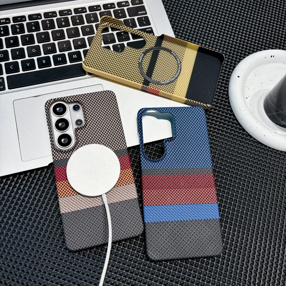 Luxury For Magsafe For Samsung S26 S25 S24 S23 Fe Ultra Plus Carbon Fiber Texture Phone Case Wireless Charge Halfborder Pc Cover