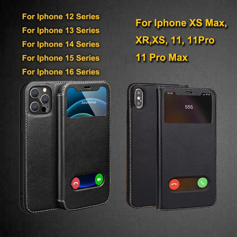 Genuine Leather Case For Iphone 11 12 13 14 15 16 Pro XS Max Case Window View Cover For Iphone XR 14 15 16 Plus Protector