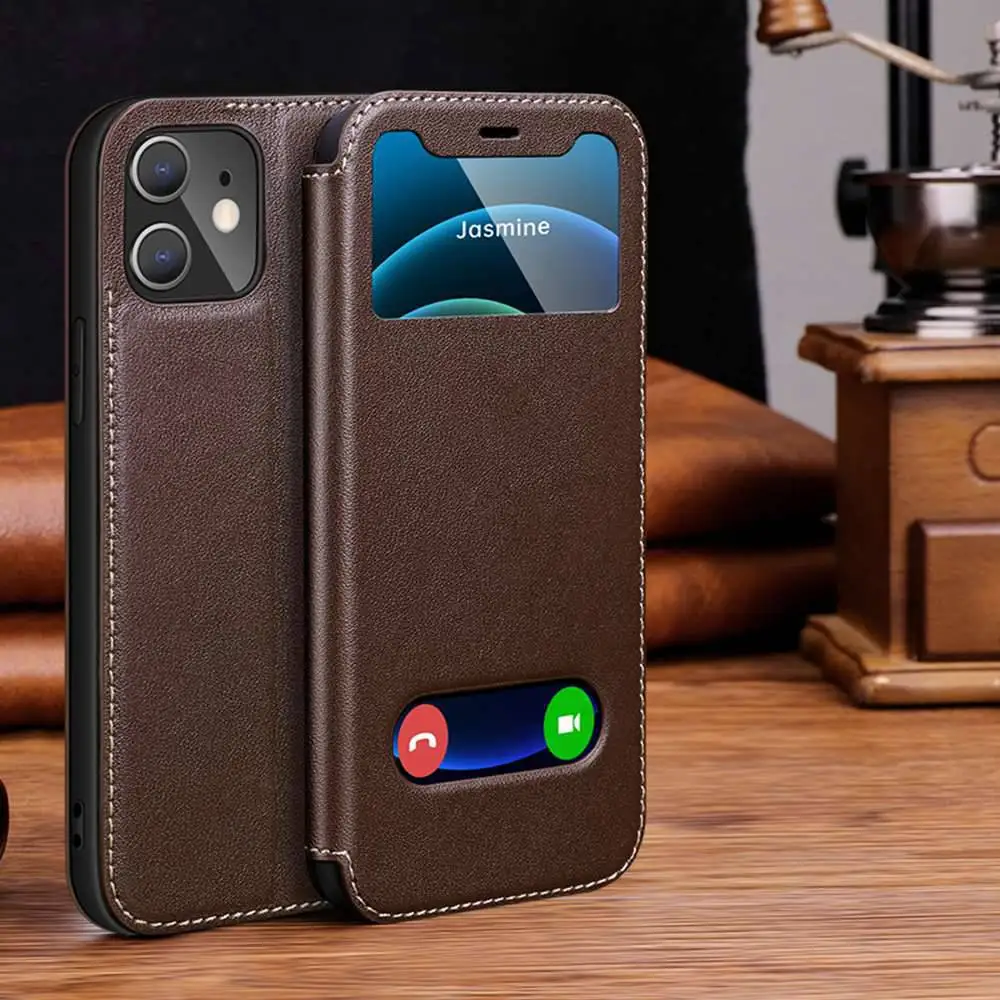 Genuine Leather Case For Iphone 11 12 13 14 15 16 Pro XS Max Case Window View Cover For Iphone XR 14 15 16 Plus Protector
