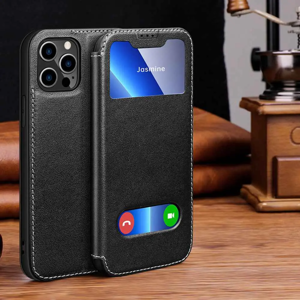 Genuine Leather Case For Iphone 11 12 13 14 15 16 Pro XS Max Case Window View Cover For Iphone XR 14 15 16 Plus Protector