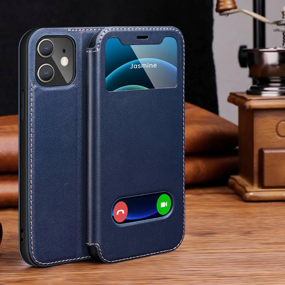 Genuine Leather Case For Iphone 11 12 13 14 15 16 Pro XS Max Case Window View Cover For Iphone XR 14 15 16 Plus Protector