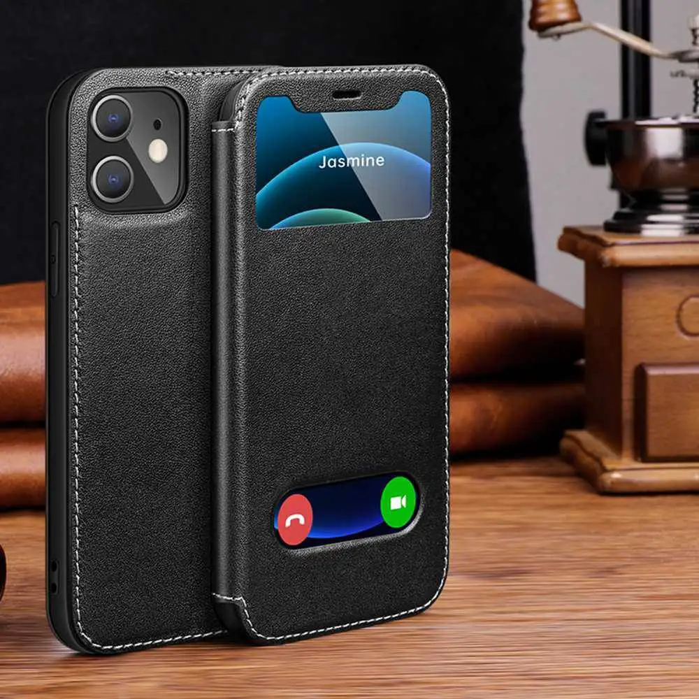 Genuine Leather Case For Iphone 11 12 13 14 15 16 Pro XS Max Case Window View Cover For Iphone XR 14 15 16 Plus Protector