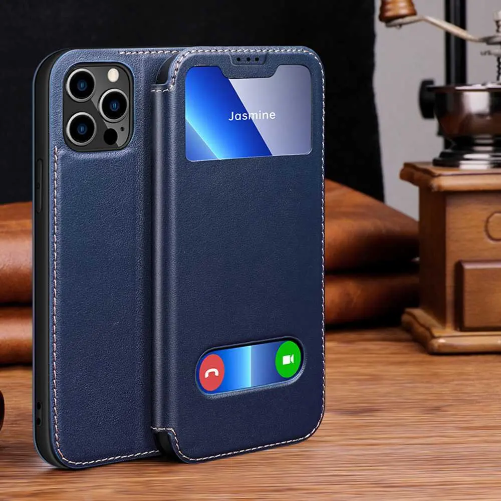 Genuine Leather Case For Iphone 11 12 13 14 15 16 Pro XS Max Case Window View Cover For Iphone XR 14 15 16 Plus Protector