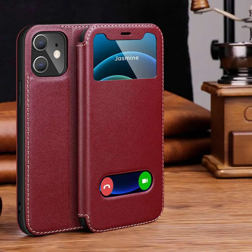 Genuine Leather Case For Iphone 11 12 13 14 15 16 Pro XS Max Case Window View Cover For Iphone XR 14 15 16 Plus Protector