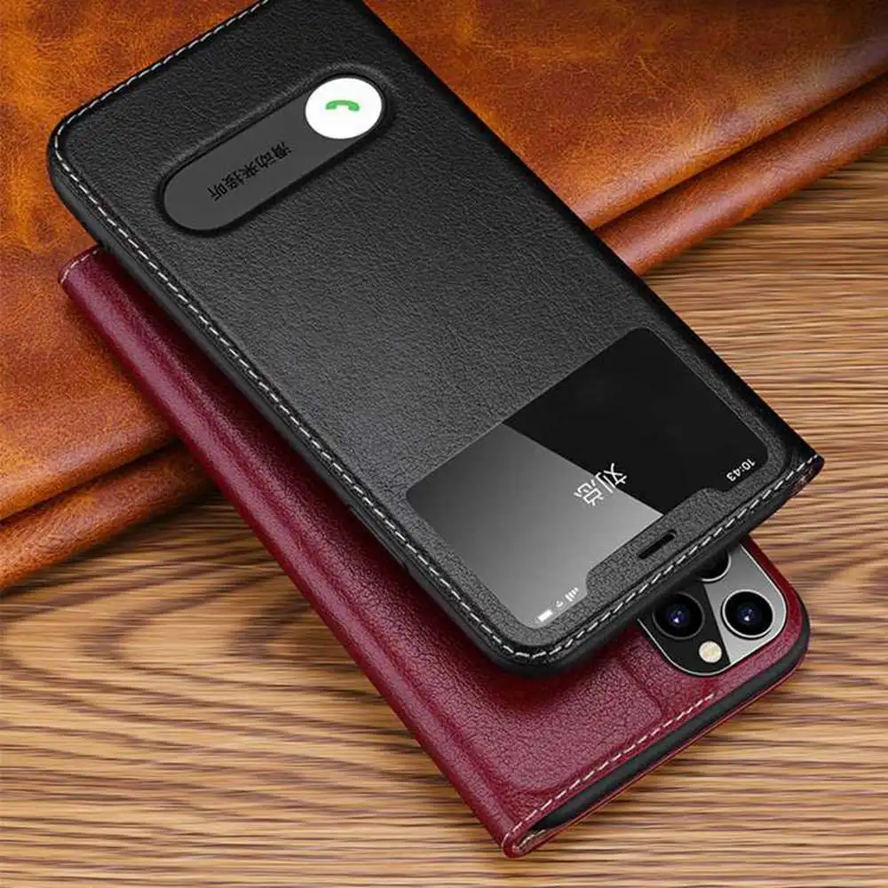 Genuine Leather Case For Iphone 11 12 13 14 15 16 Pro XS Max Case Window View Cover For Iphone XR 14 15 16 Plus Protector