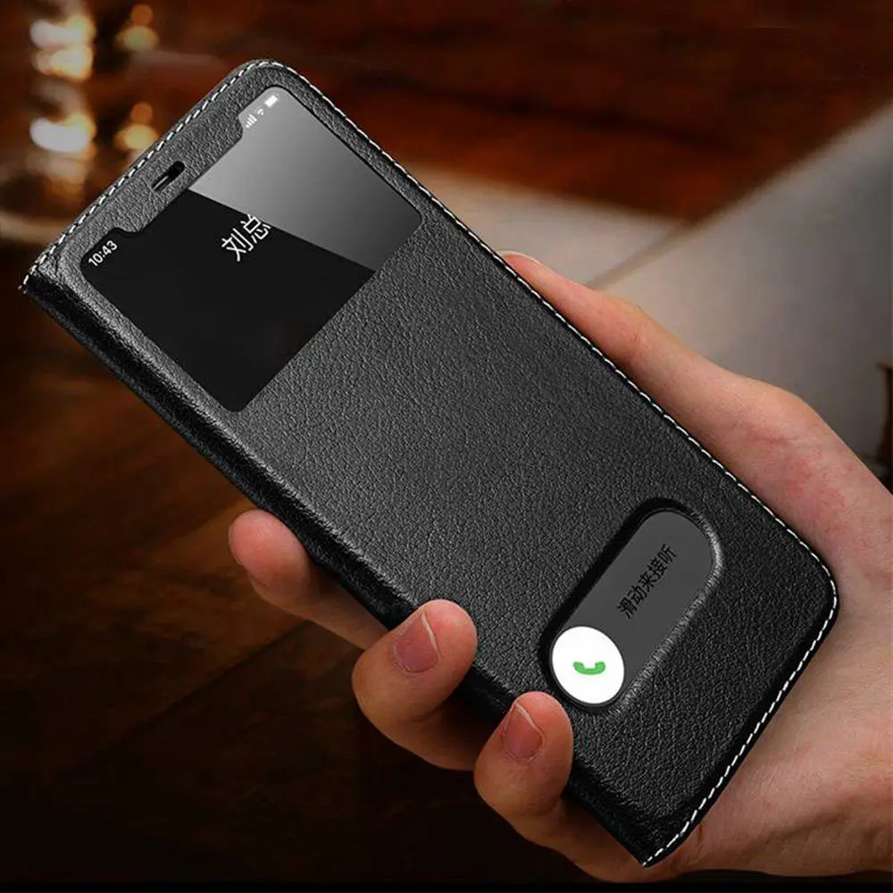 Genuine Leather Case For Iphone 11 12 13 14 15 16 Pro XS Max Case Window View Cover For Iphone XR 14 15 16 Plus Protector