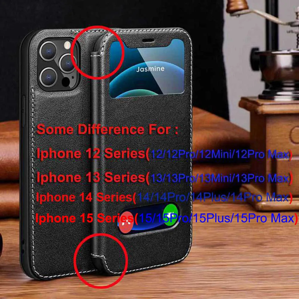 Genuine Leather Case For Iphone 11 12 13 14 15 16 Pro XS Max Case Window View Cover For Iphone XR 14 15 16 Plus Protector