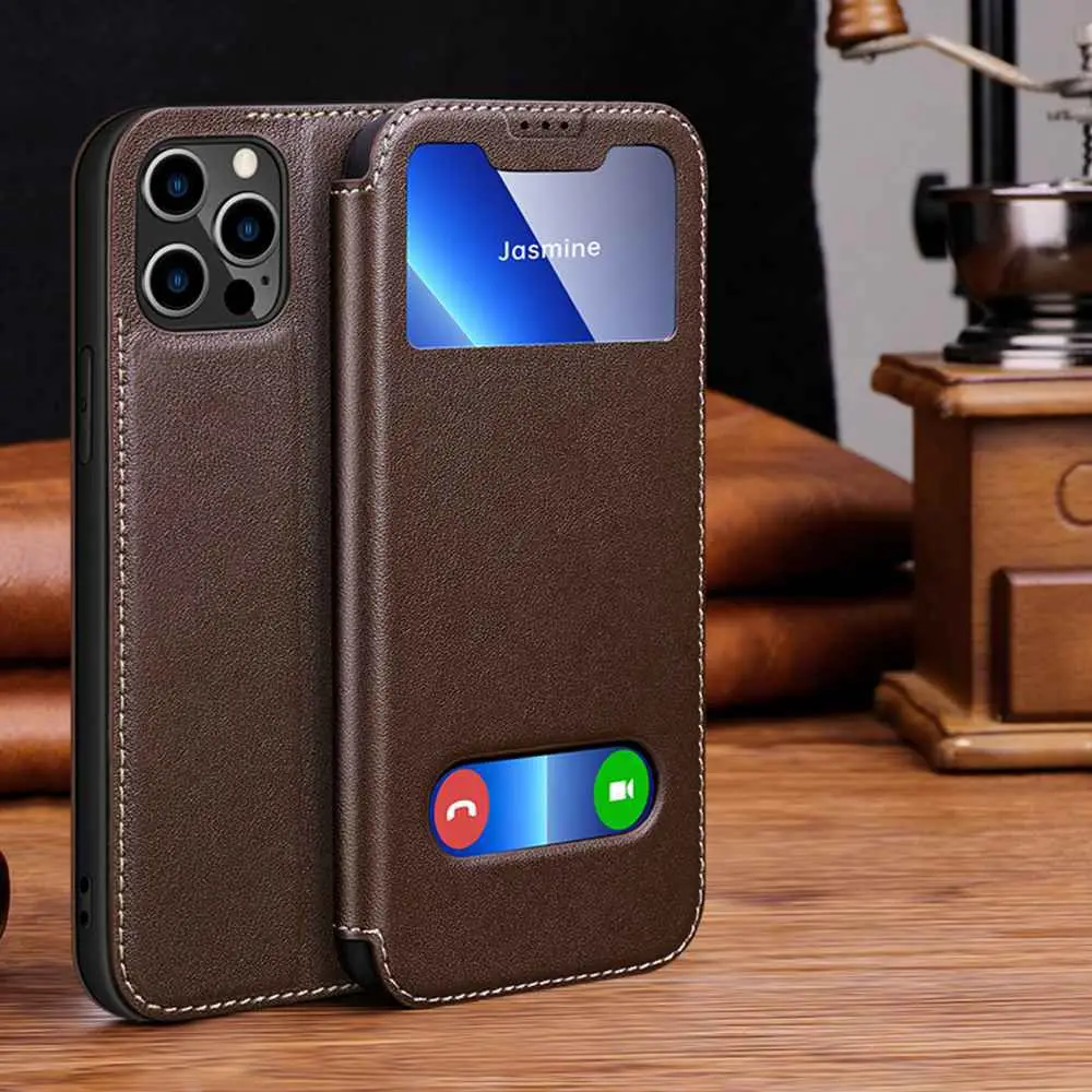 Genuine Leather Case For Iphone 11 12 13 14 15 16 Pro XS Max Case Window View Cover For Iphone XR 14 15 16 Plus Protector