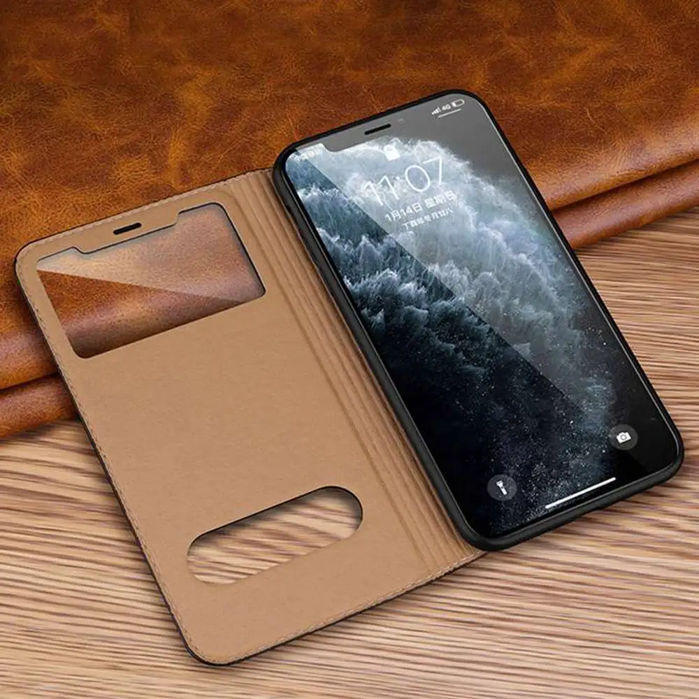Genuine Leather Case For Iphone 11 12 13 14 15 16 Pro XS Max Case Window View Cover For Iphone XR 14 15 16 Plus Protector