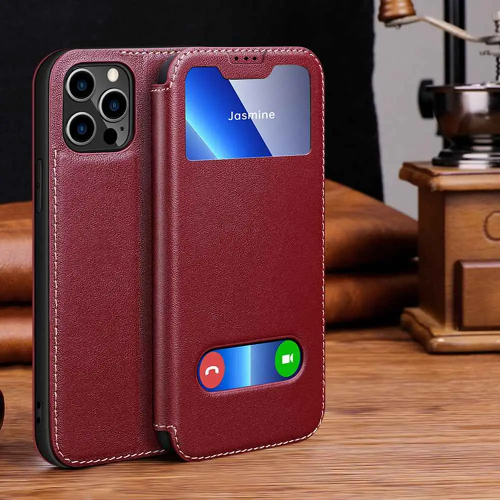 Genuine Leather Case For Iphone 11 12 13 14 15 16 Pro XS Max Case Window View Cover For Iphone XR 14 15 16 Plus Protector