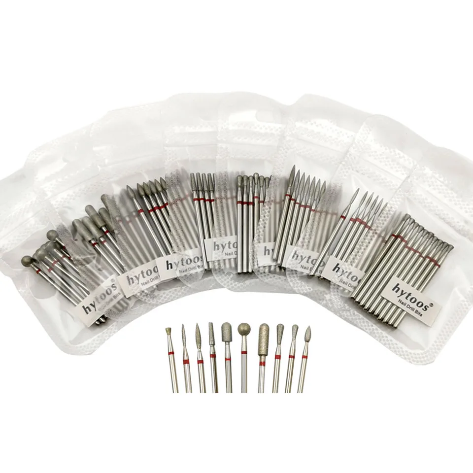 HYTOOS Fine Grit Diamond Nail Drill Bits 10pcs/Set Russian Cuticle Burr Manicure Drills Nails Accessories Tool
