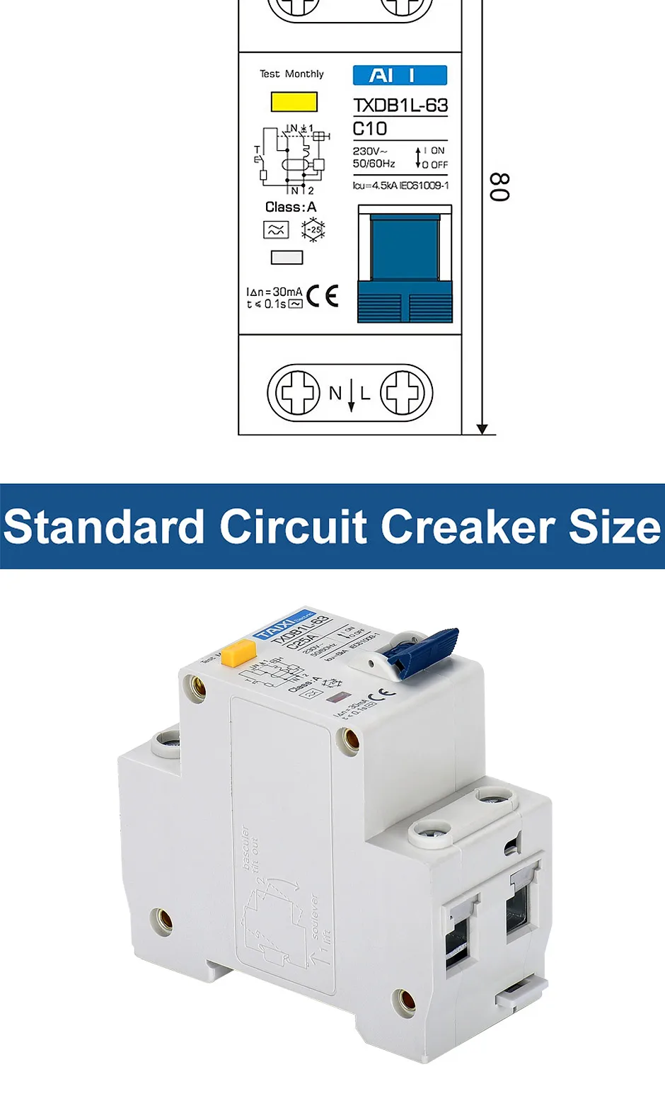 Residual Current Circuit Breaker RCBO Type A 30mA MCB 1P+N 10A 16A 20A 32A 40A 63A Earth Leakage Overload Protection TAIXI
