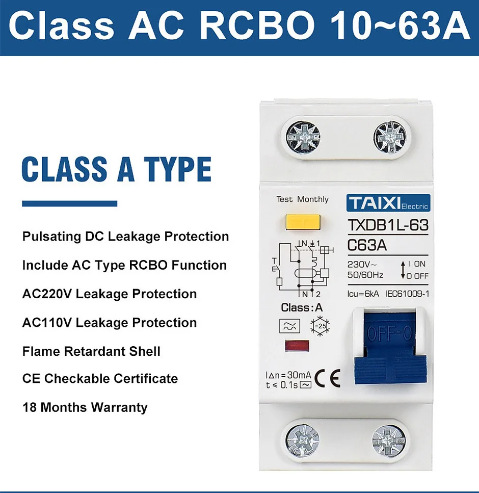 Residual Current Circuit Breaker RCBO Type A 30mA MCB 1P+N 10A 16A 20A 32A 40A 63A Earth Leakage Overload Protection TAIXI