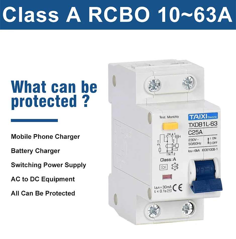 Residual Current Circuit Breaker RCBO Type A 30mA MCB 1P+N 10A 16A 20A 32A 40A 63A Earth Leakage Overload Protection TAIXI