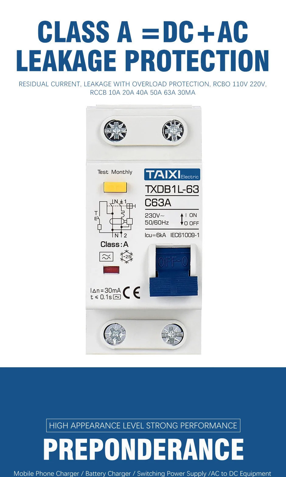 Residual Current Circuit Breaker RCBO Type A 30mA MCB 1P+N 10A 16A 20A 32A 40A 63A Earth Leakage Overload Protection TAIXI