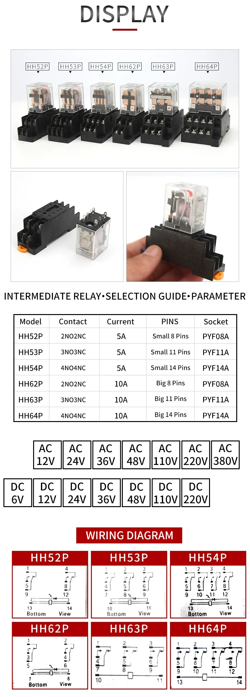 MY2NJ HH52P DPDT Miniature Coil Electromagnetic intermediate Relay  AC12V 24V DC24V AC110V 220V 8 Pin Relay with Socket Base