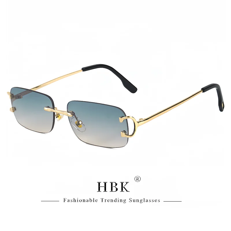 HBK Retro Rimless Sunglasses For Women Men Small Square Gold Frame Brand Design Tea Shades Rectangle UV400 Zonnebril Eyewear