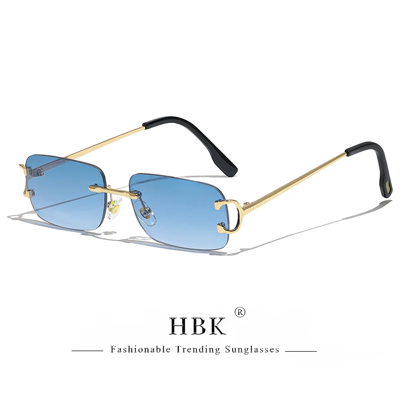 HBK Retro Rimless Sunglasses For Women Men Small Square Gold Frame Brand Design Tea Shades Rectangle UV400 Zonnebril Eyewear