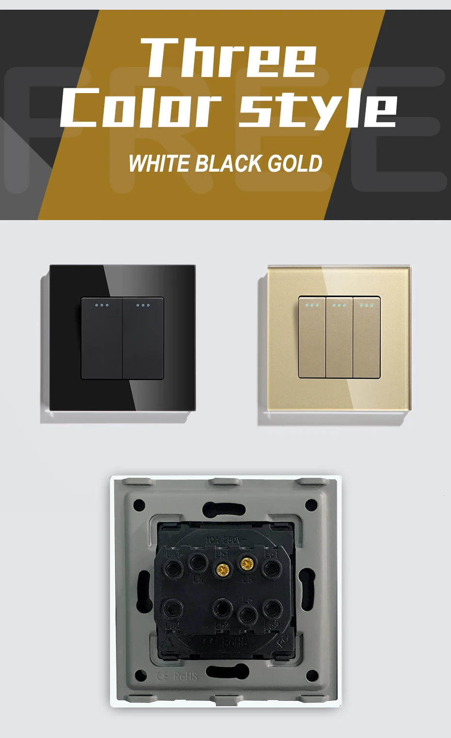 BSEED Mechanical Wall Light Switch Button 1/2/3Gang 1Way Crystal Glass Panel Power Switch On Off 250V White Black