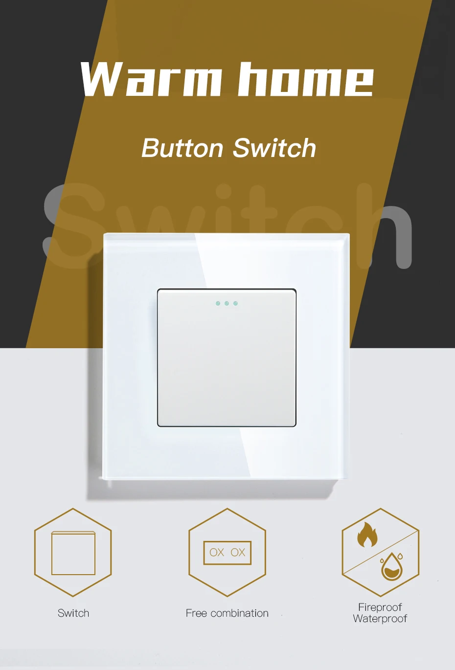 BSEED Mechanical Wall Light Switch Button 1/2/3Gang 1Way Crystal Glass Panel Power Switch On Off 250V White Black