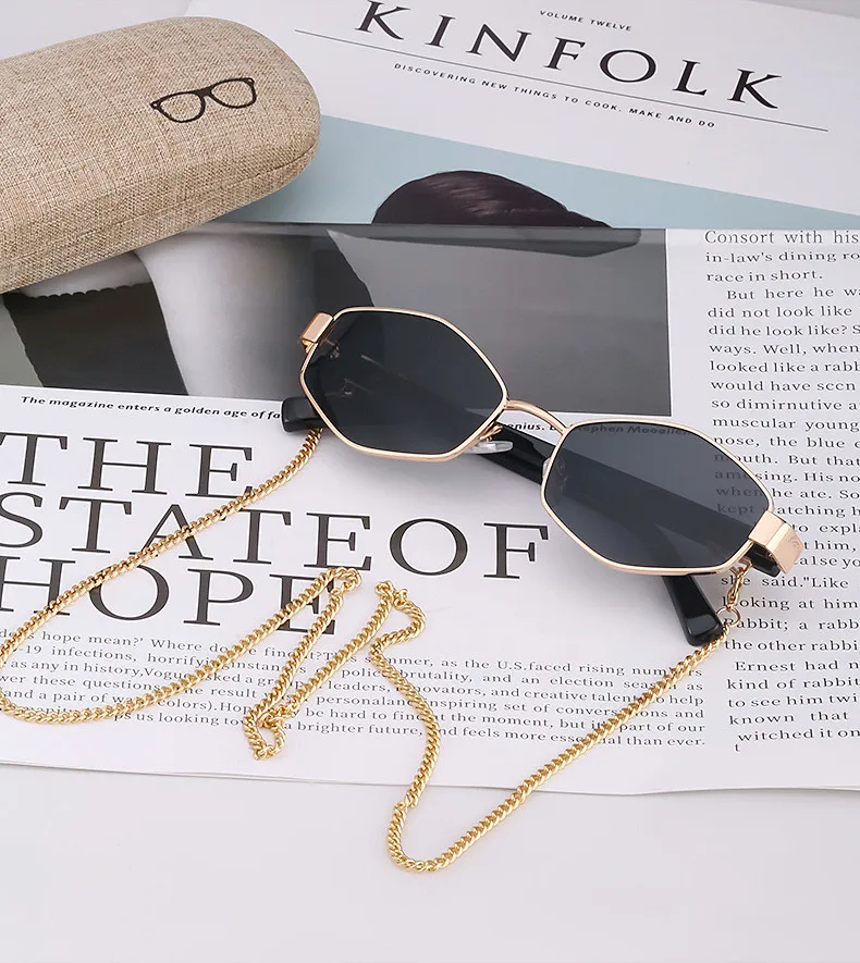 Retro Small Frame Hexagon Sunglasses Women With Chain 2026 Luxury Brand Steampunk Unique Polygon Sun Glasses For Ladies Eyewear