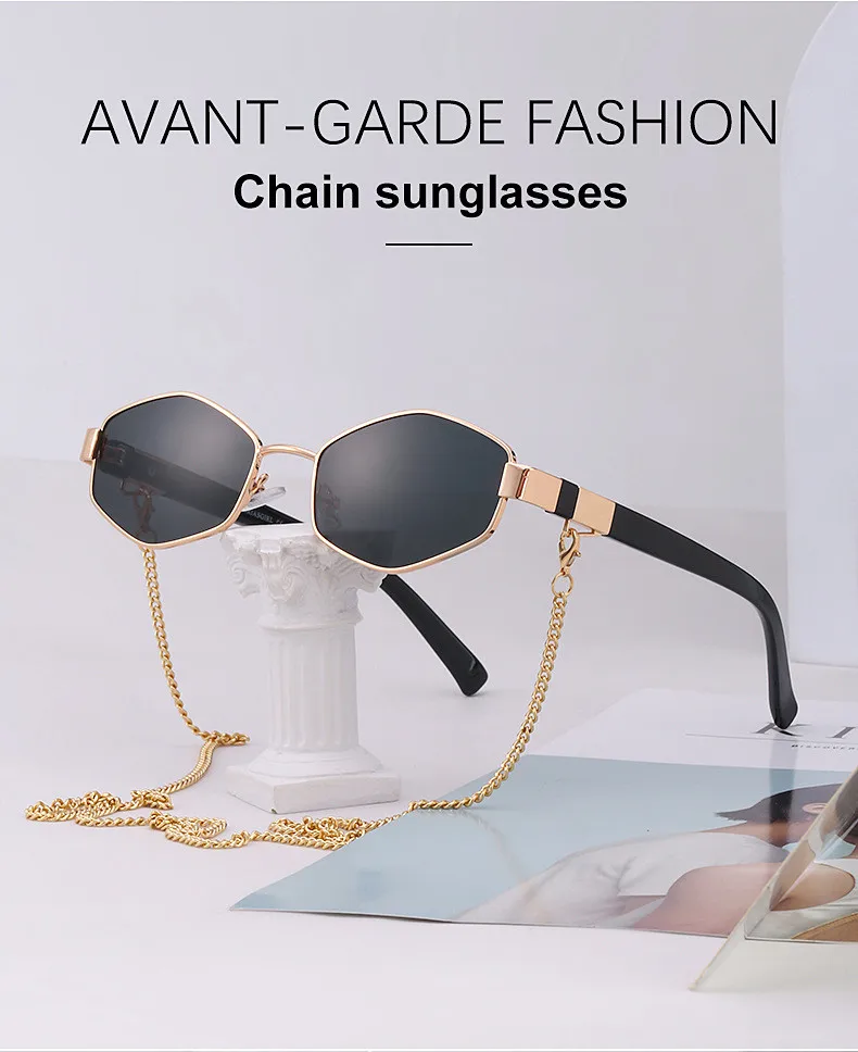 Retro Small Frame Hexagon Sunglasses Women With Chain 2026 Luxury Brand Steampunk Unique Polygon Sun Glasses For Ladies Eyewear