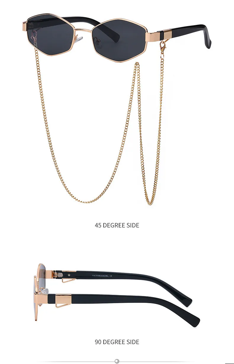 Retro Small Frame Hexagon Sunglasses Women With Chain 2026 Luxury Brand Steampunk Unique Polygon Sun Glasses For Ladies Eyewear