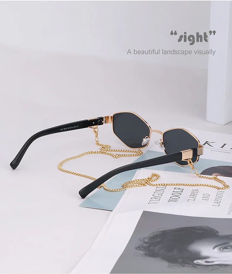 Retro Small Frame Hexagon Sunglasses Women With Chain 2026 Luxury Brand Steampunk Unique Polygon Sun Glasses For Ladies Eyewear