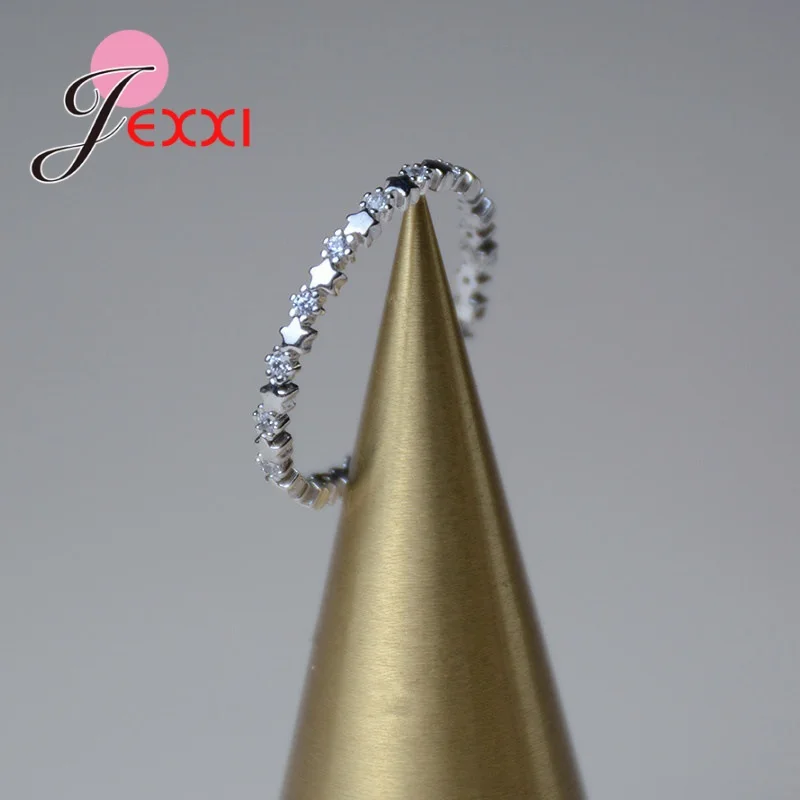 Luxury Original Delicate Solid 925 Silver Needle Stars Finger Ring Authentic Real Clear CZ Jewelry For Women Wedding Gift