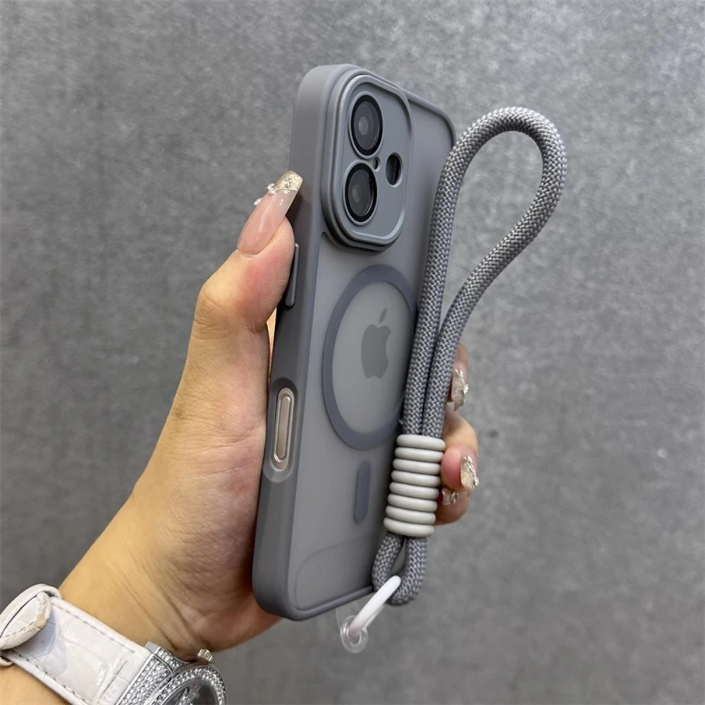 For Magsafe Translucency Contrast Lanyard Case For iPhone 16 15 Pro Max 14 Plus 11 12 13 16e Hand Wrist Strap Matte Clear Cover
