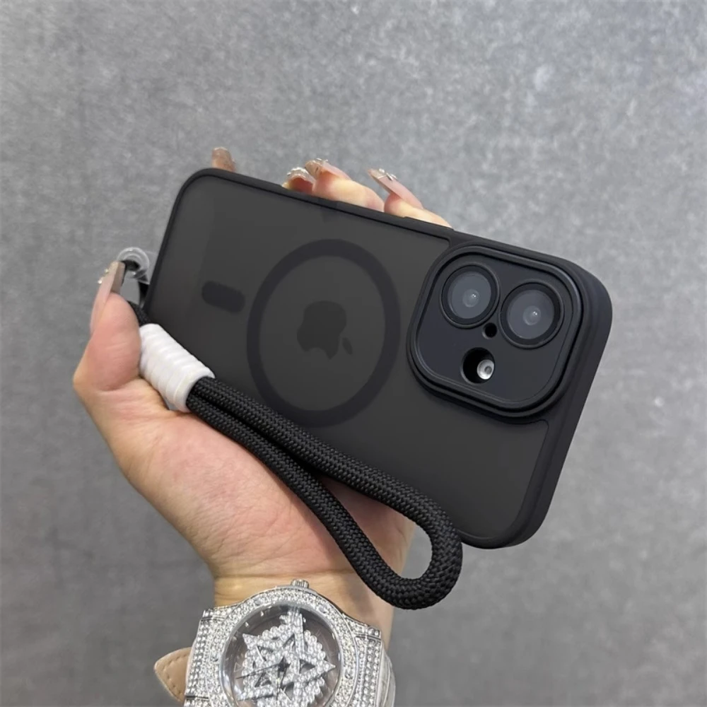 For Magsafe Translucency Contrast Lanyard Case For iPhone 16 15 Pro Max 14 Plus 11 12 13 16e Hand Wrist Strap Matte Clear Cover