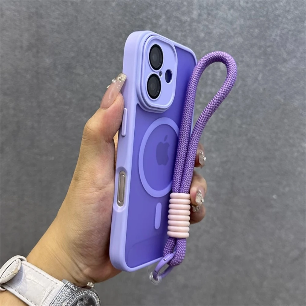 For Magsafe Translucency Contrast Lanyard Case For iPhone 16 15 Pro Max 14 Plus 11 12 13 16e Hand Wrist Strap Matte Clear Cover