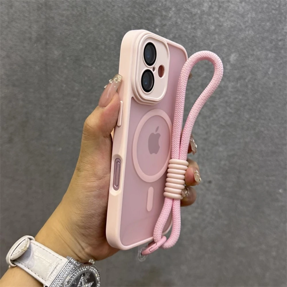 For Magsafe Translucency Contrast Lanyard Case For iPhone 16 15 Pro Max 14 Plus 11 12 13 16e Hand Wrist Strap Matte Clear Cover